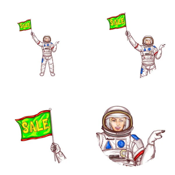 Vektor lány űrhajós eladó zászló avatar ikon — Stock Vector