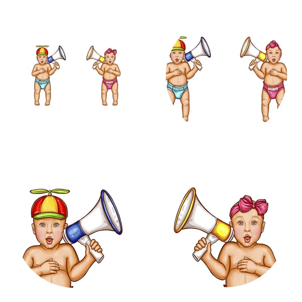 Vector babymeisje, jongen, megafoon avatar pictogrammen — Stockvector