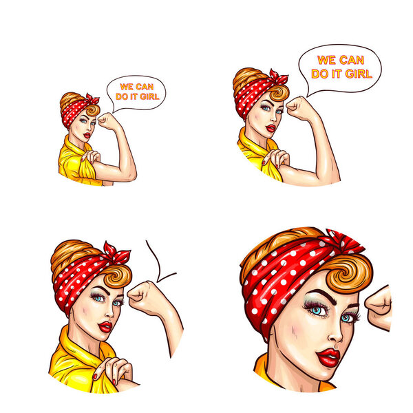 Vector pop art avatar, icon for chat with confident lady, housewife with rolled up sleeves talks We can do it, girl
