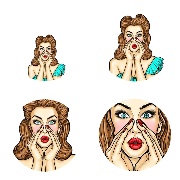 Vektör pop sanat avatar PIN indirim ya da satış duyurmaktan ellerini tutan kız. Sohbet, blog için simge