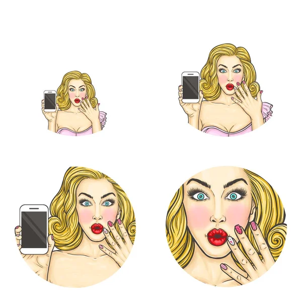 Vector pop art avatar, icon of shocked, surprised pin up girl holding smartphone to announce discounts or sales — Stock Vector