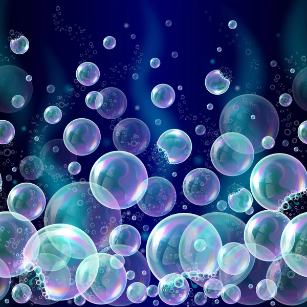 Vector 3d sabão bolhas transparentes fundo. Banner com esferas de água, conceito subaquático. Balões ensaboados — Vetor de Stock
