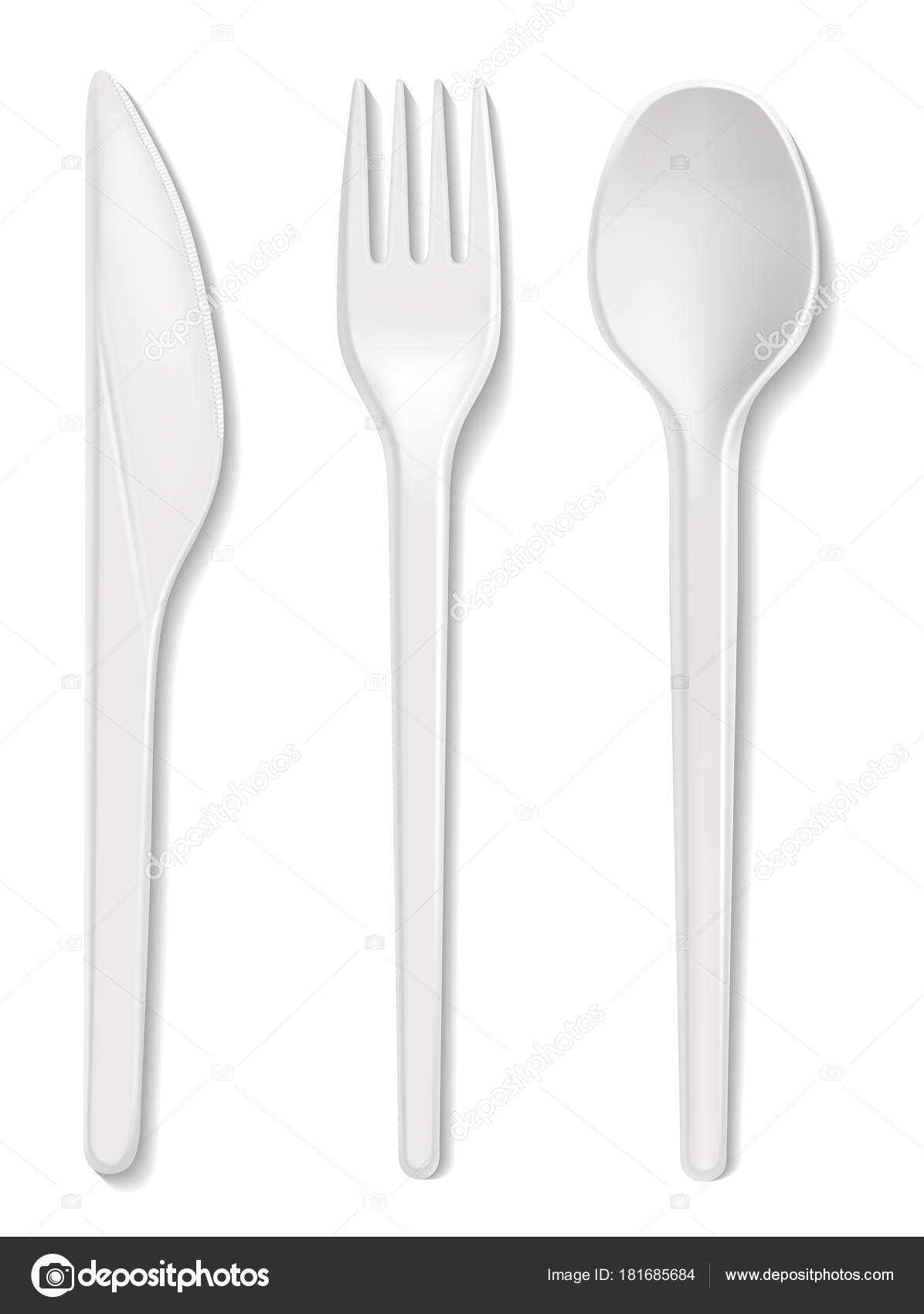 Disposable plastic vector spoon, knife and fork isolated 3D realistic white cutlery isolated