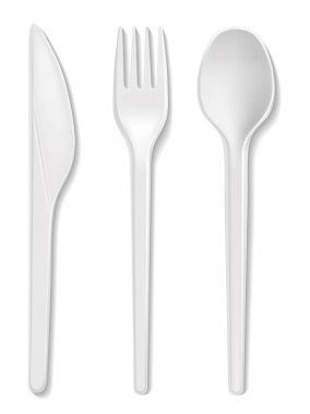 Disposable plastic vector spoon, knife and fork isolated 3D realistic white cutlery isolated icons clipart