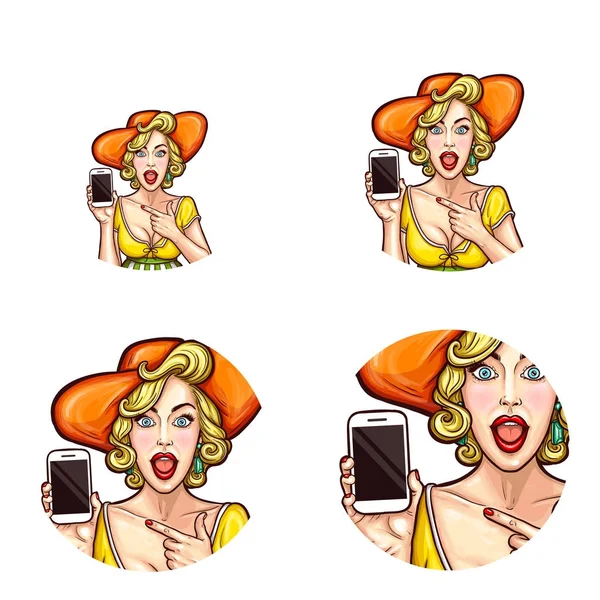 Векторный авангард поп-арта, икона шокированной, удивленной девушки в шляпе, держащей смартфон, чтобы объявить скидки или продажи — стоковый вектор