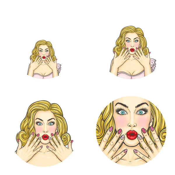 Vector popkonst avatar, ikonen för förvånad pin up tjej håller hennes händer i chock att meddela rabatter eller försäljning — Stock vektor
