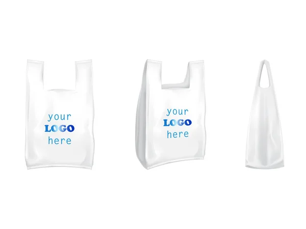 Plastik T-shirt shopping bags vektor terisolasi 3D realistik white blank packaging dengan handle template untuk branding - Stok Vektor