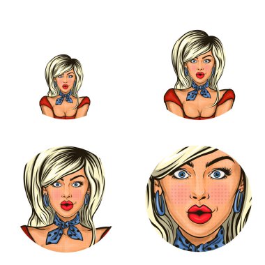 İndirimler ve satış duyurmak için eşarp sarışın kız kadar şaşırmış PIN vektör pop sanat avatar. Web, sohbet için büyük simgesi