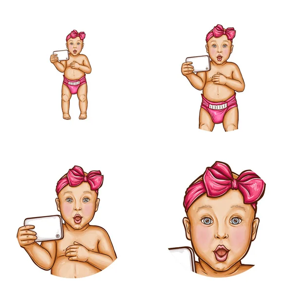 Vector bebê menina, com ícones avatar smartphone —  Vetores de Stock