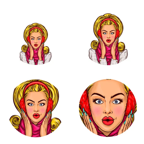 Vector arte pop usuario de la red social avatares de la joven rubia glamour chica en orejeras de invierno. Iconos de perfil de boceto retro — Vector de stock