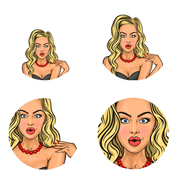 Vector pop art social network utente avatar di giovane ragazza bionda sorpreso con labbra arrotondate. Icone profilo schizzo retrò — Vettoriale Stock