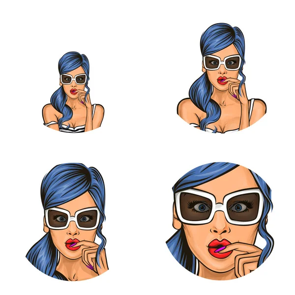 Vector pop art social network user avatars of woman girl surprised with blue hair in sunglasses. Retro sketch profile icons — Stock Vector