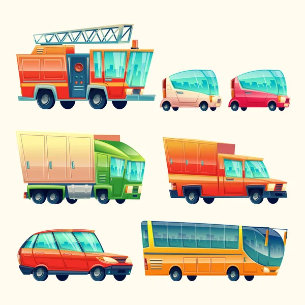 Transporte público y urbano de pasajeros vector de dibujos animados vehículos coloridos iconos aislados conjunto — Vector de stock
