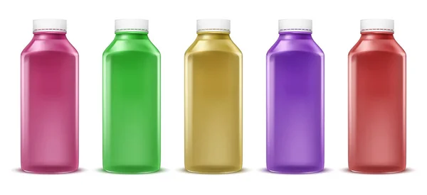 Bouteilles vectorielles colorées pour jus, peinture, liquide. Conteneur en plastique, bocal en verre. Isolé sur fond blanc . — Image vectorielle