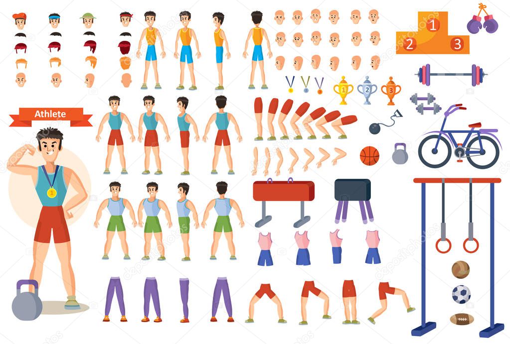 Athlete sportsman vector cartoon constructor man character body parts and training poses isolated icons