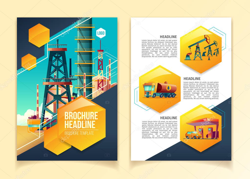 Oil industry brochure template vector illustration for oil refinery, gas producing company or petroleum refining plant