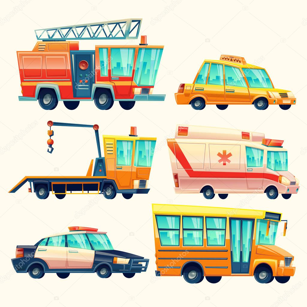 Vector municipal city services, emergency, police, firetruck, ambulance, taxi, school bus, evacuator in cartoon style.