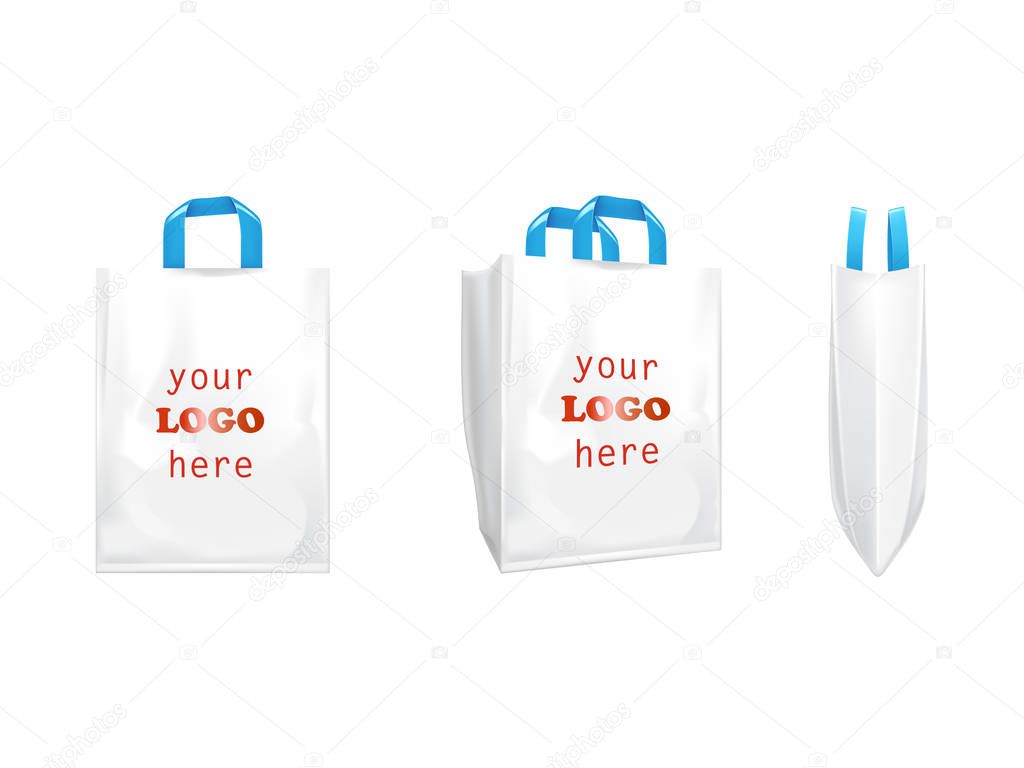 3D vector white shopping bags with blue handles