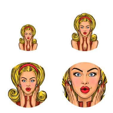 Vektör pop sanat avatar sürpriz PIN satış duyurmaktan şokta ellerini tutan kız. Web, sohbet, blog için simge.