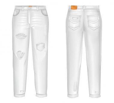 Vektör rips, boşluklar ile gerçekçi beyaz kot. Unisex pantolon beyaz arka plan üzerinde izole. Rahat pantolon 3d çizim