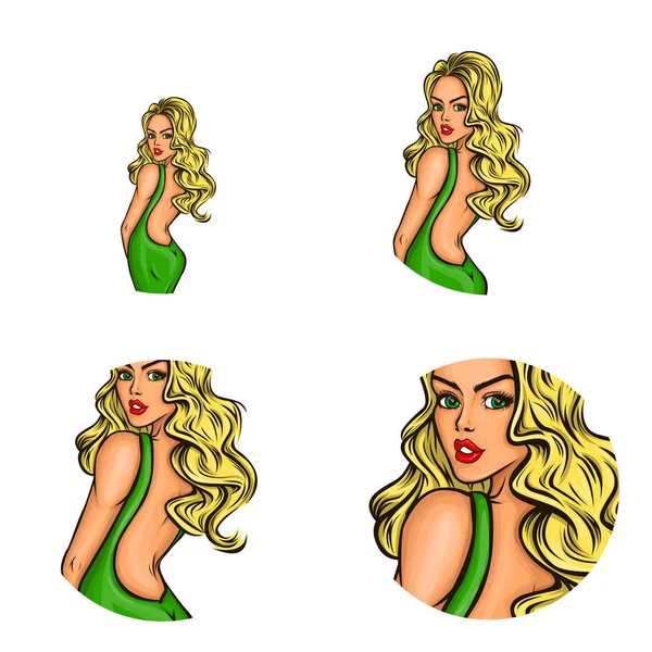 Avatar pop art vettoriale di pin up ragazza di moda in abito verde per chat, blog, web. Grande icona per inviti, pubblicità — Vettoriale Stock