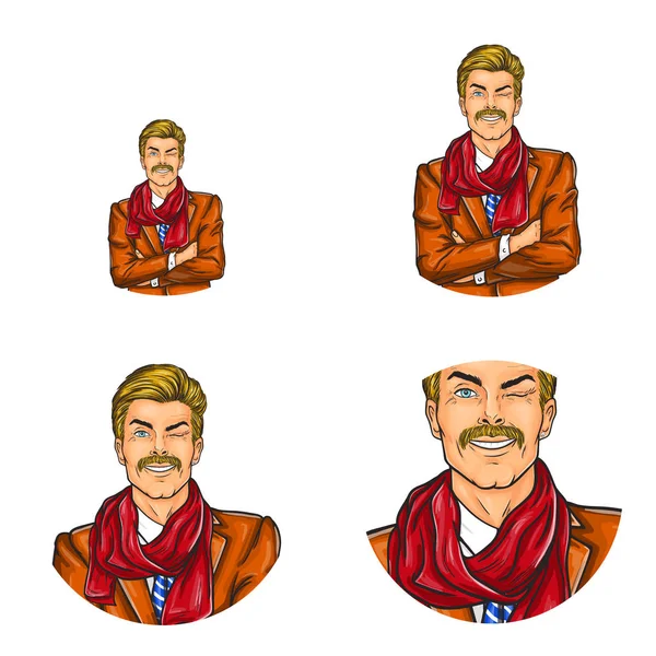 Vektor-Pop-Art-Avatar, Ikone eines gutaussehenden alten Mannes mit Schnurrbart, augenzwinkerndem Gesicht im Kostüm. ideal für Internet, Chat, Blog — Stockvektor
