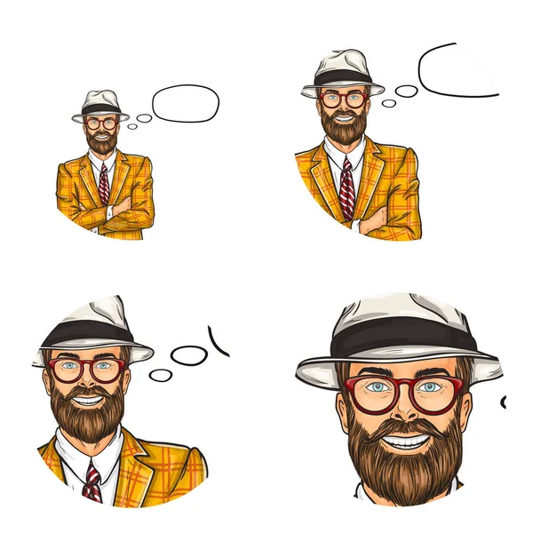 Векторный поп-арт аватар, символ красивого бородатого мужчины в возрасте. Бизнесмен в костюме, шляпа с речевым пузырем для чата, блог — стоковый вектор