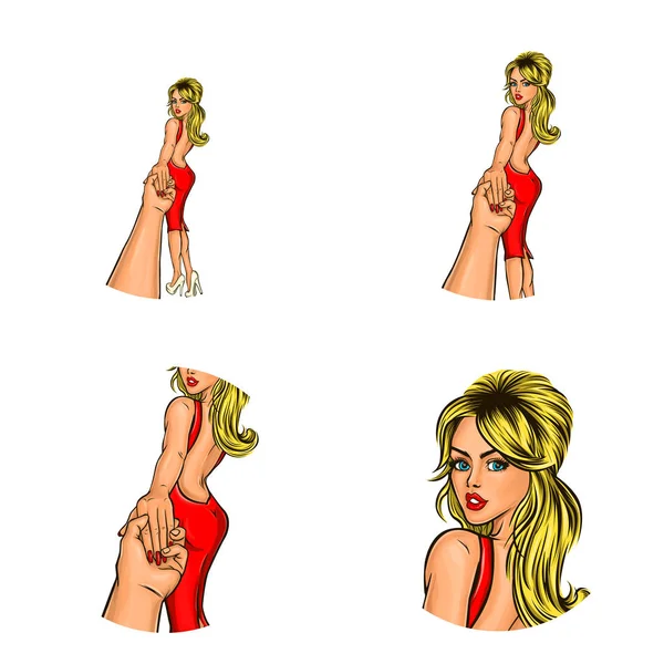 Vector pop art usuario de la red social avatares de chica rubia joven en vestido rojo de la mano. Iconos de perfil de boceto retro — Archivo Imágenes Vectoriales