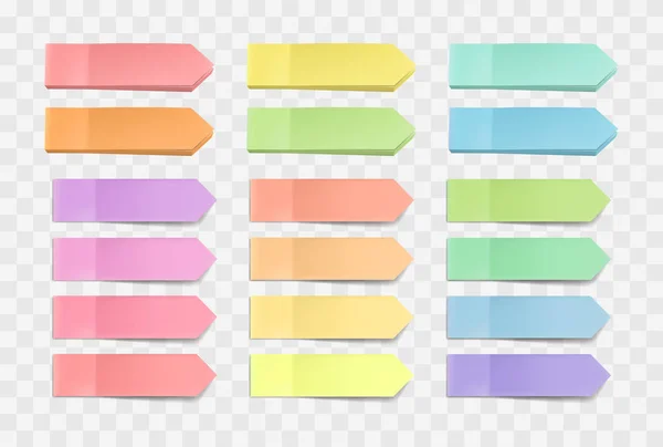 Vector bright sticky notes, pack of stickers with shadows on a transparent background. Multicolor paper adhesive tape