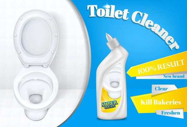 Modelo de cartaz de publicidade de vetor de limpador de toalete ilustração de garrafa de plástico limpador para produto de marca —  Vetores de Stock