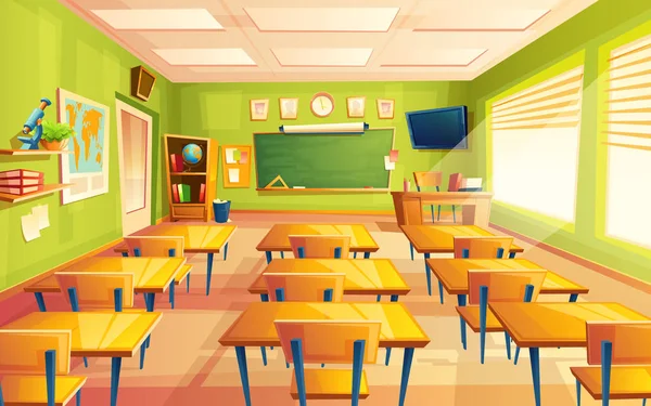 Desenhos animados vetoriais escola vazia, sala de aula da faculdade — Vetor de Stock