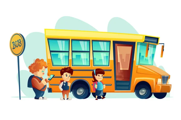 Ilustración vectorial de los niños suben al autobús escolar en la señal de stop. Alumno de transporte. Banner para internet, diseño . — Vector de stock