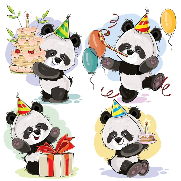 Feliz cumpleaños vector conjunto con bebé panda osos — Vector de stock