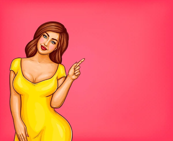 Vector fat, obese brown-haired woman, pop art xxl, plus size model in yellow dress pointing a finger at discounts, sale Stock Illustration