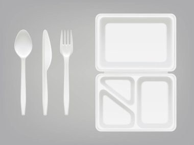 Tek kullanımlık plastik beslenme çantası ve çatal tabak, kaşık, bıçak illüstrasyon vektör veya izole 3d gerçekçi izole simgeler çatal