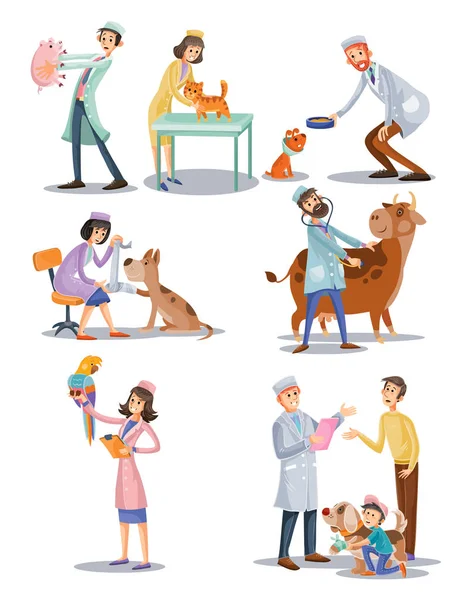 Vector set of professional vet doctors, animals, veterinary, clinic for pets. Cartoon characters, medical care concept. — Stock Vector