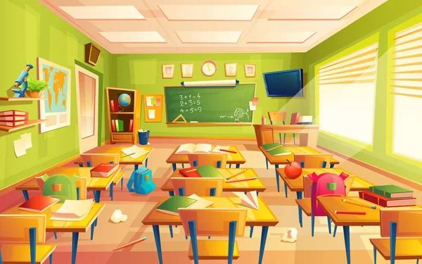 Vector school classroom interior, math training room. Educational concept, blackboard, table college furniture — Stock Vector