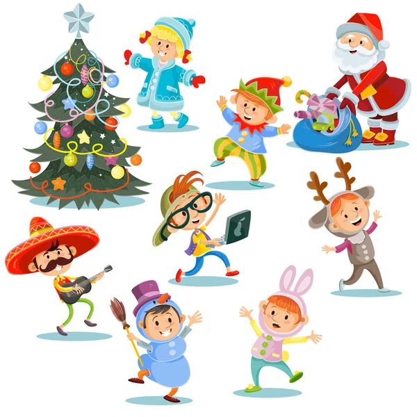 Векторная рождественская карнавальная вечеринка, мультяшные дети в костюмах, Санта-Клаус с подарками для детей в модных платьях — стоковый вектор
