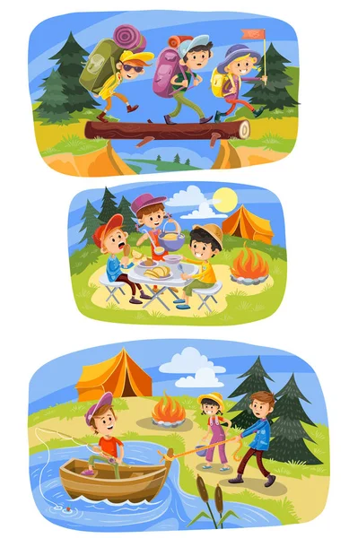 Bambini estate campeggio vettore cartone animato illustrazione dei bambini su escursioni avventura all'aria aperta, pic-nic o pesca — Vettoriale Stock