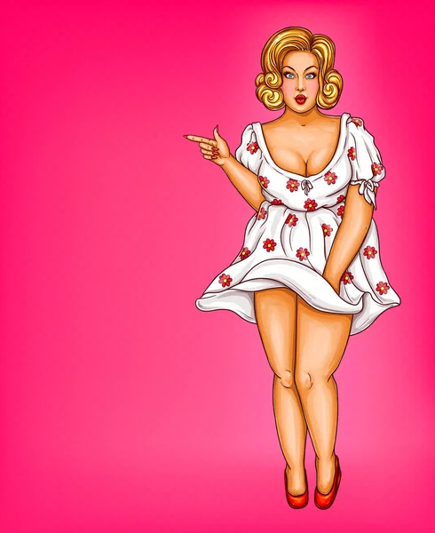 Vector de grasa, obesa rubia pin up mujer, pop art xxl, además de modelo de tamaño en vestido blanco apuntando con un dedo a los descuentos, venta — Archivo Imágenes Vectoriales