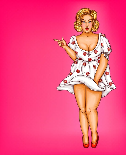 Vector gordo, obeso loira pin up mulher, pop art xxl, plus size modelo em vestido branco apontando um dedo em descontos, venda — Vetor de Stock