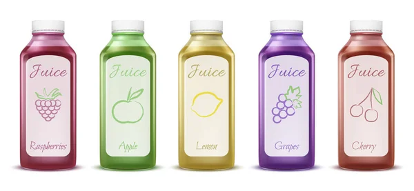 水果和浆果果汁瓶3d 塑料瓶的矢量插图新鲜饮料包装设计模型 — 图库矢量图片
