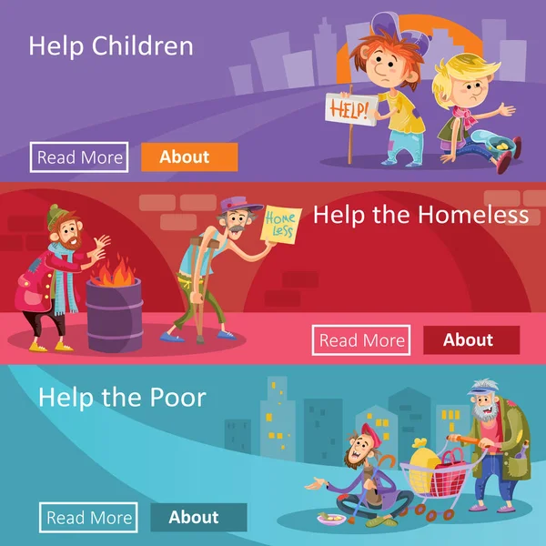 Ajuda para desabrigados e pobres ilustração vetorial banners web para projeto de caridade social ou organização —  Vetores de Stock
