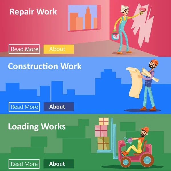 Construcción y reparación de casas vector ilustración plana banners web de los trabajadores constructores para la empresa de construcción — Vector de stock