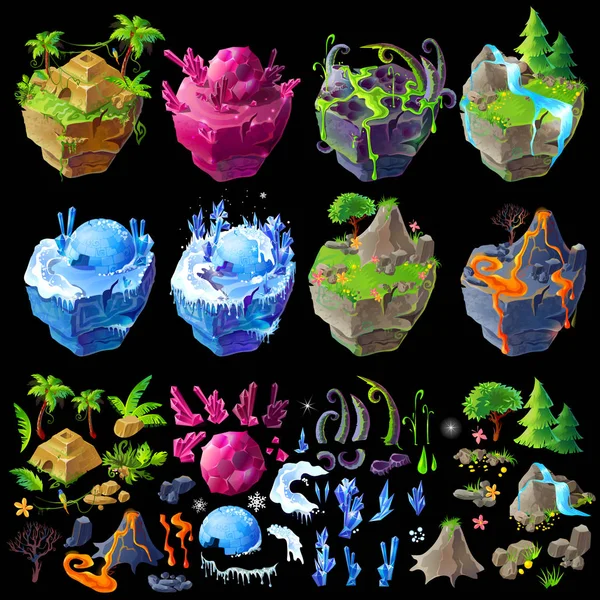 Vetor isométrico 3d ilhas fantásticas, detalhes para gui, design de jogo. Desenhos animados ilustração de diferentes paisagens —  Vetores de Stock
