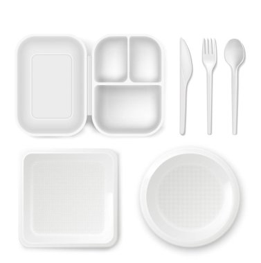 Tek kullanımlık plastik dishware vektör çizim 3d gerçekçi beslenme çantası tabak ve çatal bıçak kaşık, bıçak ya da çatal simgeler izole