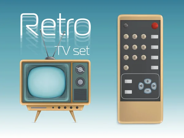 Retro TV set dan remote control vector ilustrasi untuk media penyiaran, berita atau hiburan poster - Stok Vektor