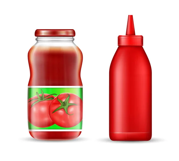 Vector realistiska tomat ketchup flaskor mockup set — Stock vektor