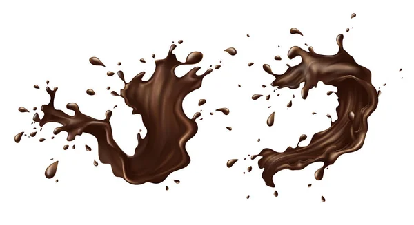 Vectorillustratie van warme chocolade, cacao of koffie plons met druppels, vlekken, vlekken geïsoleerd op witte achtergrond. — Stockvector