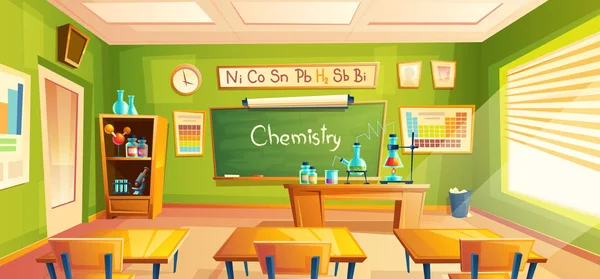 Laboratorio de la escuela vectorial, aula interior, sala de química. Experimentos químicos educativos, muebles de gabinete . — Vector de stock